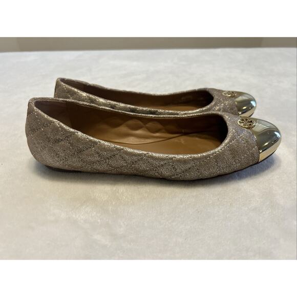 Tory Burch Women’s 9.5 M Kaitlin Quilted Metallic Ballet Flats Tan Silver Gold - Picture 3 of 7